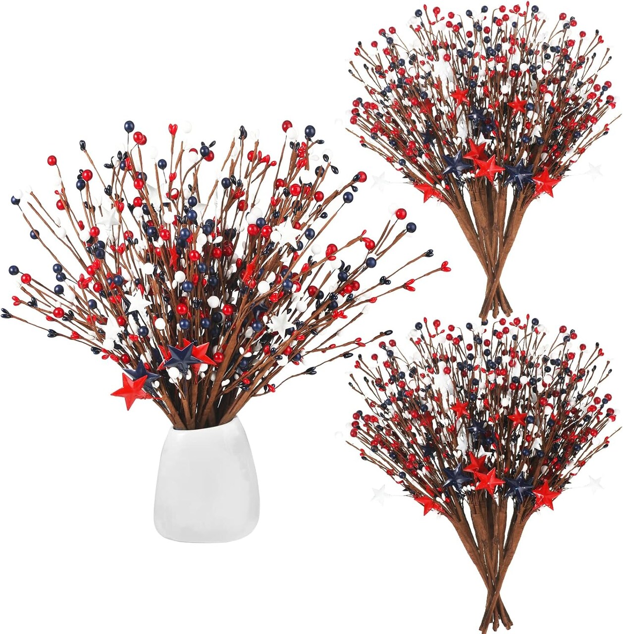 12 Pcs 4th of July Decorations Patriotic Artificial Berry Stem Picks 15.75 Inch Independence Day Decor with White Blue Red Stars Pentagram Faux Berry Branches